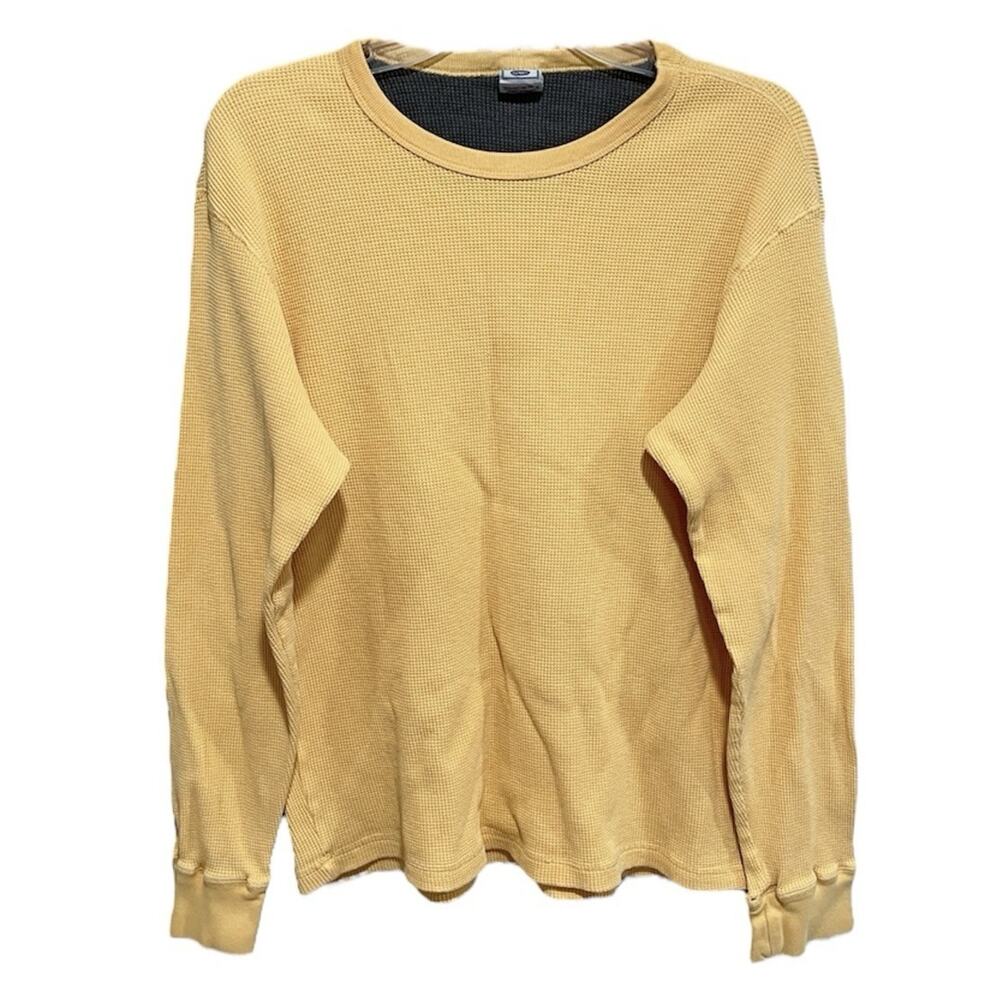 Vintage Y2K Old Navy Mens Waffle Knit Shirt Size Large Yellow Thermal FLAWS